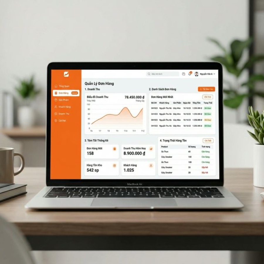 Trang quản trị đơn hàng và sản phẩm website bán hàng