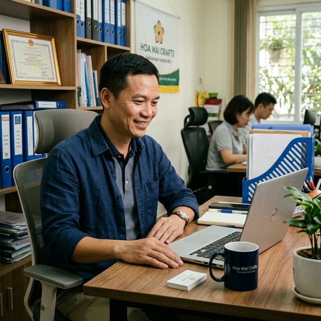 Chủ DN xem website trên laptop