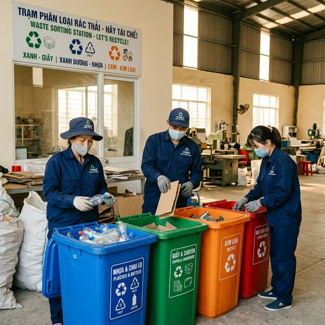 Nhóm nhân viên phân loại chất thải tại nhà máy