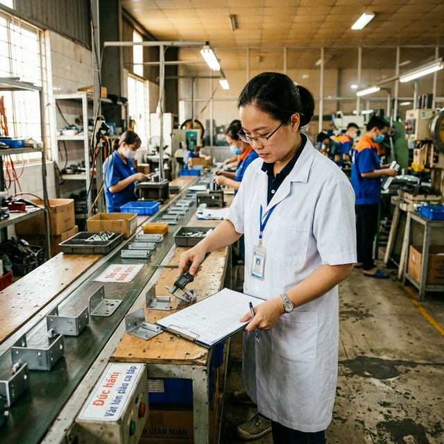 Nhân viên QC kiểm tra sản phẩm tại dây chuyền sản xuất