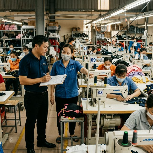 Tư vấn viên quan sát ghi chép tại xưởng sản xuất